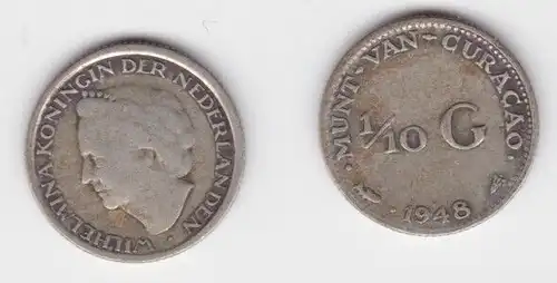 1/10 Gulden Silber Münze Niederländisch Curacao 1948 (138362)