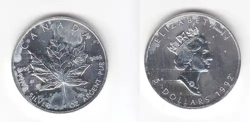5 Dollar Silber Münze Kanada Maple Leaf 1992 1 Unze Feinsilber  (113462)