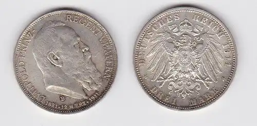 3 Mark Silbermünze Bayern Prinzregent Luitpold 1911 Jäger 49  (145182)