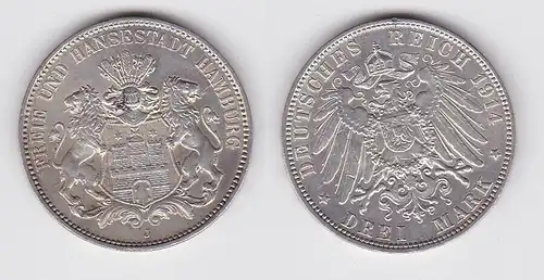 3 Mark Silbermünze Freie und Hansestadt Hamburg 1914 Jäger 64 f.vz (150136)