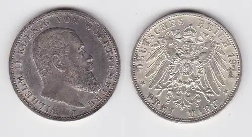 3 Mark Silber Münze Wilhelm II König von Württemberg 1914 ss+ (150314)