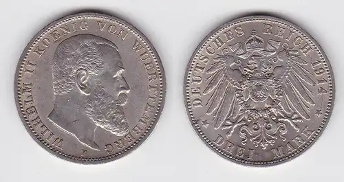 3 Mark Silber Münze Wilhelm II König von Württemberg 1914 ss+ (150412)