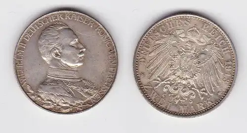 2 Mark Silbermünze Preussen Kaiser in Uniform 1913 Jäger 111 vz (145715)