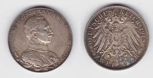 2 Mark Silbermünze Preussen Kaiser in Uniform 1913 Jäger 111 vz (144729)