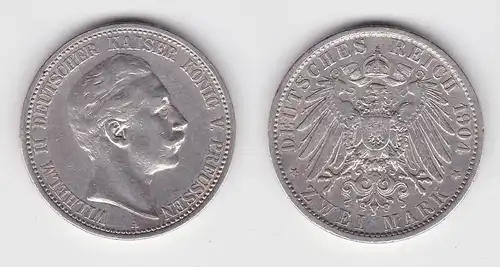 2 Mark Silbermünze Preussen Kaiser Wilhelm II 1904 Jäger 102 ss+ (144685)