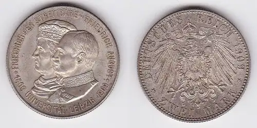 2 Mark Silbermünze Sachsen Universität Leipzig 1909 Jäger 138  (121257)