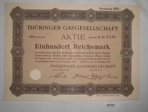 100 Reichsmark Aktie Thüringer Gasgesellschaft Leipzig 23. Dez. 1924  (127727)