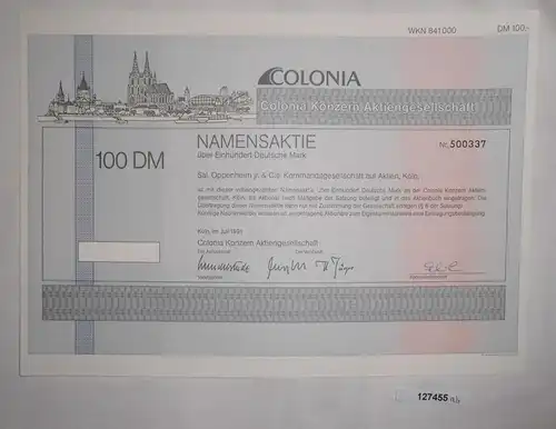 100 Mark Namensaktie Colonia Konzern AG heute AXA Köln Juli 1991 (127455)