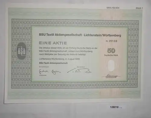 50 Dt. Mark Aktie BSU Textil AG Lichtenstein / Württemberg August 1990 (128018)