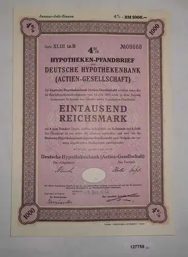1000 Reichsmark Pfandbrief Deutsche Hypothekenbank AG Berlin 1942 (127759)