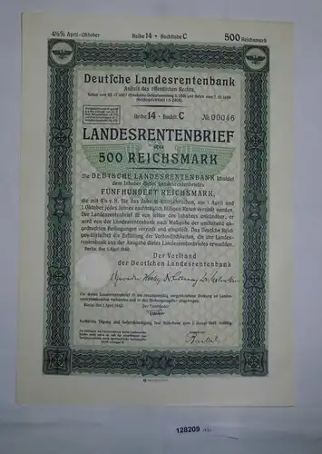 500 Reichsmark Landesrentenbrief Deutsche Landesrentenbank Berlin 1939 (128209)