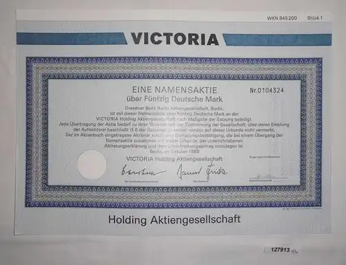 50 Mark Namens Aktie Victoria Holding AG Berlin Oktober 1989 (127913)