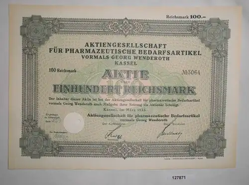 100 Reichsmark Aktie AG für pharmazeutische Bedarfsartikel Kassel 1933 (127871)