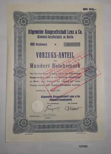 100 Mark Aktie Aktiengesellschaft für Baugesellschaft Lenz Berlin 1935 (127592)