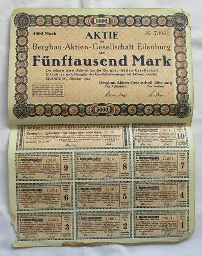 5.000 Mark Aktie Bergbau-Aktien-Gesellschaft Eilenburg Oktober 1923 (147048)