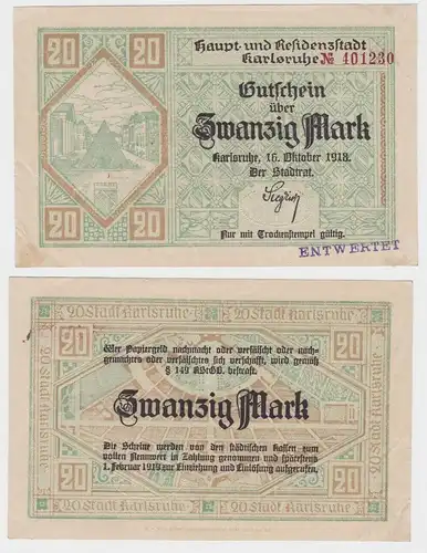 20 Mark Banknote Notgeld Stadt Karlsruhe 16.10.1918 (140016)