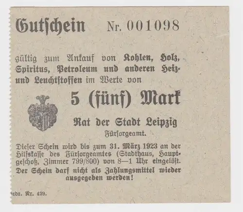 5 Mark Kohle Holz Gutschein Stadt Leipzig 31.März 1923 (138072)