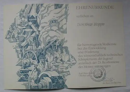 DDR Ehrenurkunde 25.Bezirksmesse der Meister von Morgen Karl-Marx-Stadt (110655)