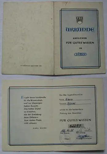 DDR Urkunde FDJ Abzeichen Für gutes Wissen in Silber 1955 (114561)