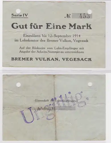 1 Mark Banknote Lohnschecks Bremer Vulkan Werft Vegesack 12.9.1914 (122238)