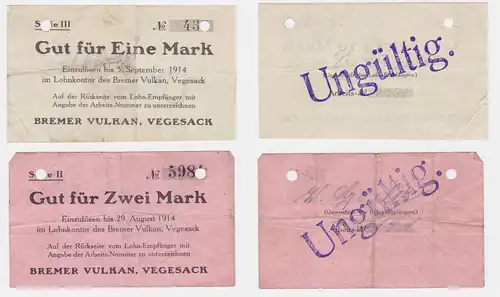 1 & 2 Mark Banknoten Lohnschecks Bremer Vulkan Werft Vegesack 1914 (122497)