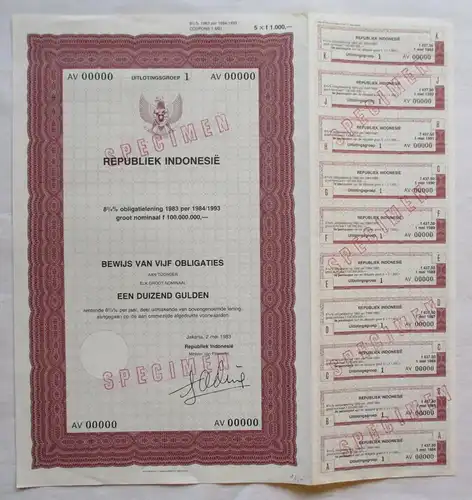 5 Stück x 1.000 Gulden Aktie Republik Indonesien Jakarta 02.05.1983 (134243)