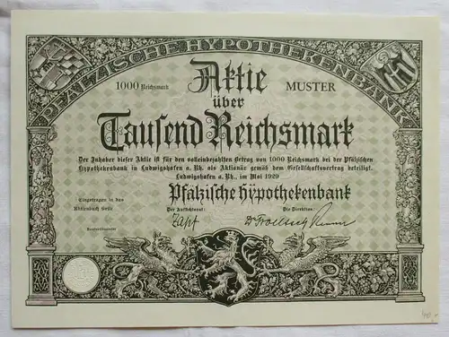 1.000 Reichsmark Aktie pfälzische Hypothekenbank Ludwigshafen 1929 (129096)