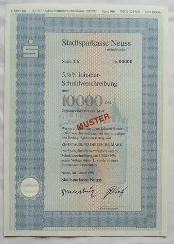 10.000 DM Aktie Schuldverschreibung Stadtsparkasse Neuss Januar 1989 (122868)