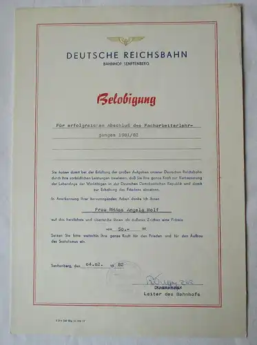 DDR Urkunde Belobigung Deutsche Reichsbahn Bahnhof Senftenberg 1982 (135866)