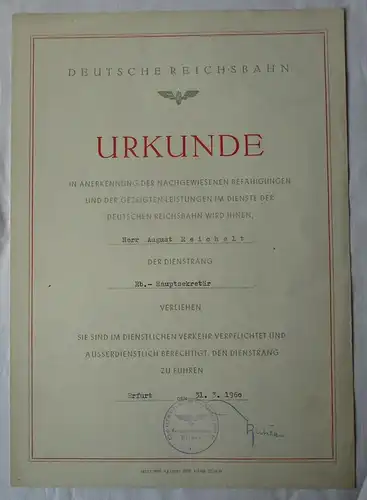 DDR Urkunde Dienstgradverleihung Hauptsekretär Deutsche Reichsbahn 1960 (135295)