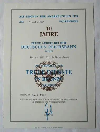 DDR Urkunde 10 Jahre Treue Dienste Bronze Deutsche Reichsbahn Berlin (137883)