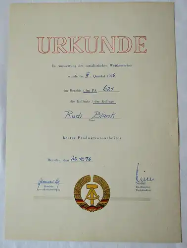 DDR Urkunde soz. Wettbewerb - bester Produktionsarbeiter Dresden 1976 (134817)