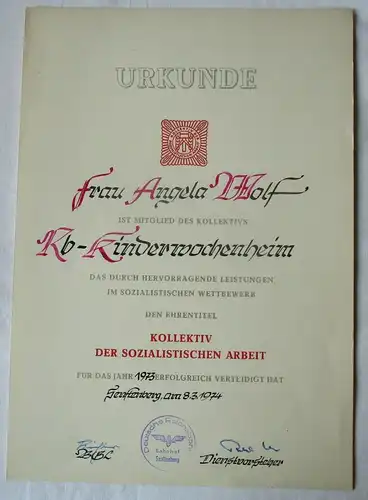 DDR Urkunde Kollektiv soz. Arbeit Deutsche Reichsbahn Senftenberg 1974 (136313)