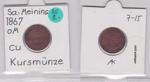 2 Pfennig Kupfer Münze Sachsen-Meiningen 1867 (120408)