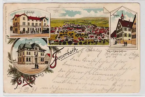 56627 Lithographie Ak Gruss aus Feuerbach - Bahnhof, Rathaus, Postamt 1898