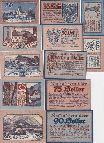12 Banknoten 10 bis 90 Heller Notgeld Gemeinde Kössen in Tirol 1919 (146668)