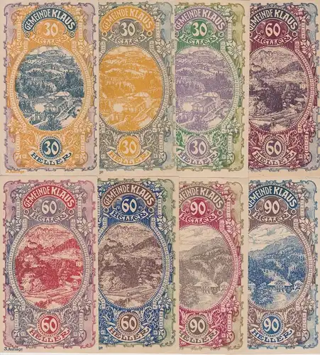 8 Banknoten 30 bis 90 Heller Notgeld Gemeinde Klaus 1920 (143858)