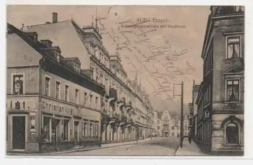 908234 Ak Aue Schneebergerstraße mit Stadthaus 1910