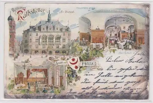 50210 Ak Lithographie Gruß aus Halle Restaurant Ratskeller 1899