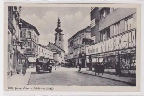 50168 Ak Wels Georg Ritter und Schönerer Straße mit Geschäften 1943