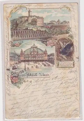 65838 Lithographie Ak Gruss aus Halle Giebichenstein, Bahnhof 1902