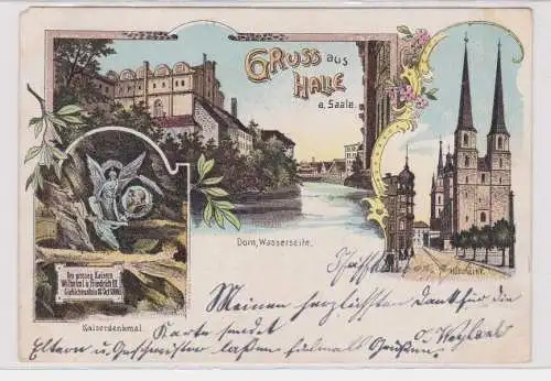 31408 Lithographie Ak Gruss aus Halle Hallmarkt, Kaiserdenkmal, Dom 1902