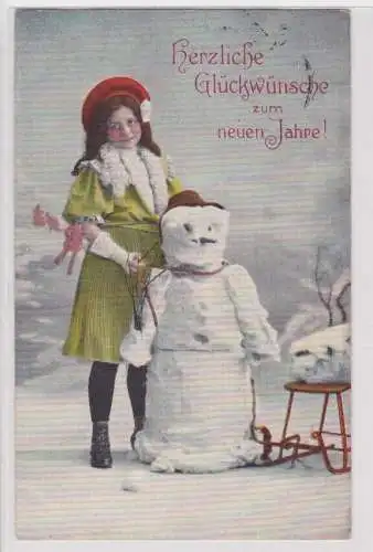 96112 Neujahrs Ak Mädchen mit Schneemann 1909