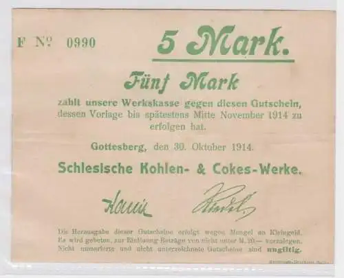 5 Mark Banknote Gotteberg in Schlesien Kohlenwerke 30.10.1914 (164034)