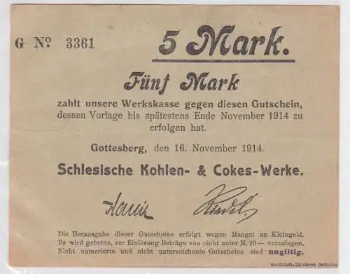 5 Mark Banknote Gotteberg in Schlesien Kohlenwerke 16.11.1914 (164082)