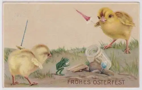 28668 Präge AK Fröhliche Ostern 2 Küken dressieren Laubfrosch 1916
