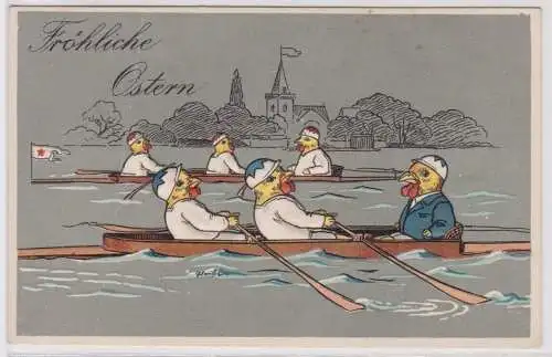 91137 Präge AK Fröhliche Ostern Küken bei Ruderregatta um 1910