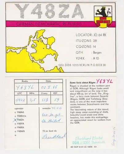 78307 QSL Karte Amateur Funker DDR Bergen auf Rügen mit Kartenausschnitt 1986