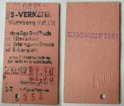 Fahrkarte S-Verkehr Großgründlach Erlangen 03.04.1961(143582)
