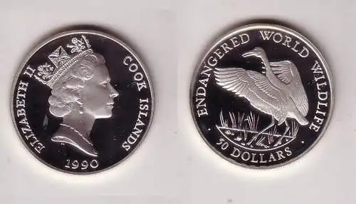 50 Dollar Silbermünze Cook Inseln 1990 bedrohte Tierwelt Schreikranich (116421)